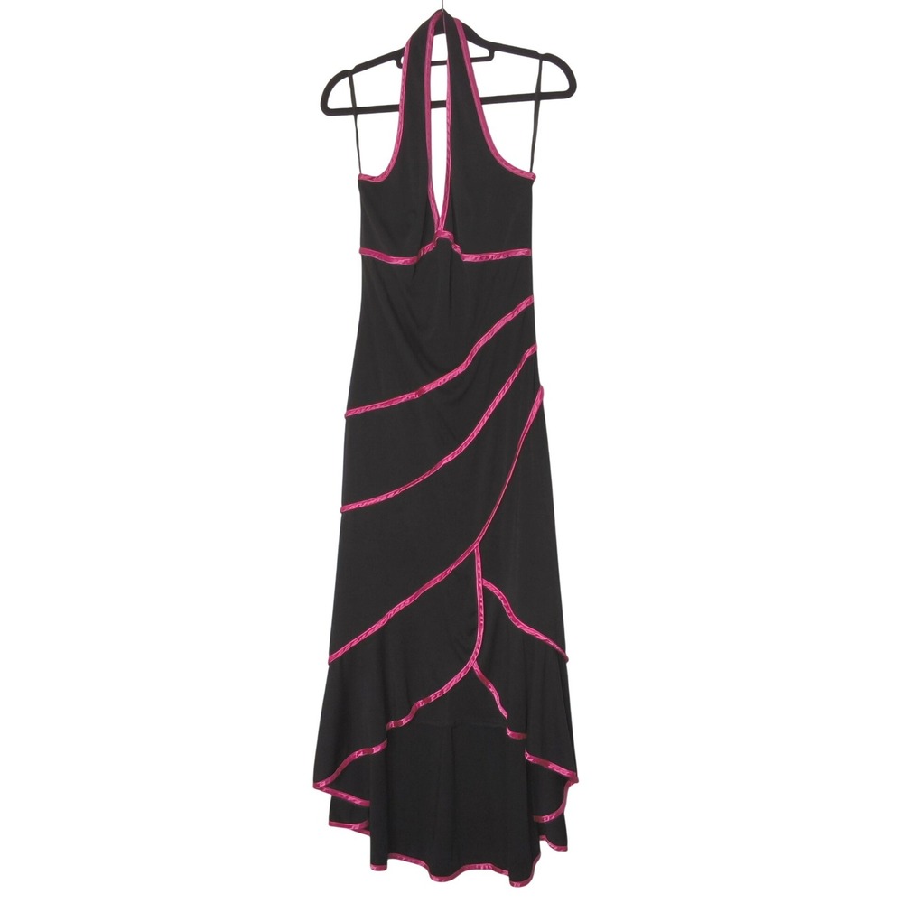 La‎ Belle Maxi Dress Womens Large Black Pink Trim Halter High Low Gown 90s Y2K